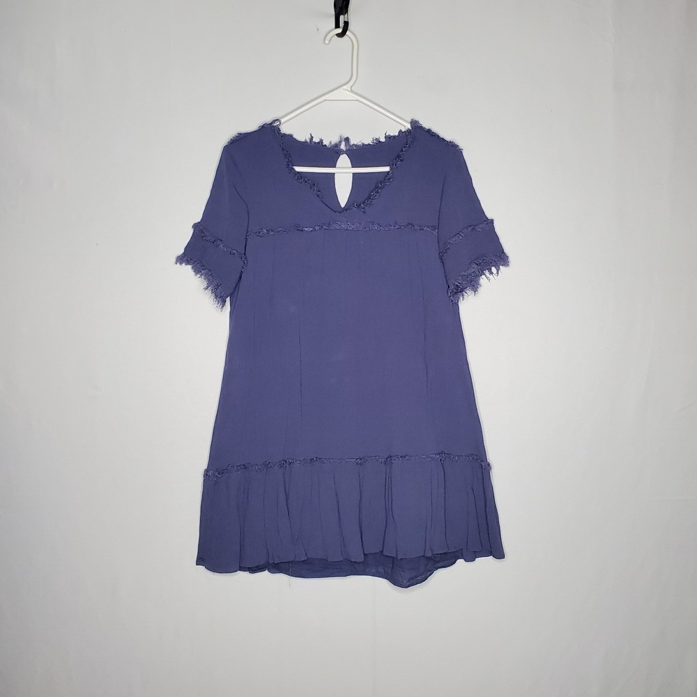 Daytrip Dress Small Dusty Blue Gauze Ruffle Fringe Mini Boho Fairy Festival